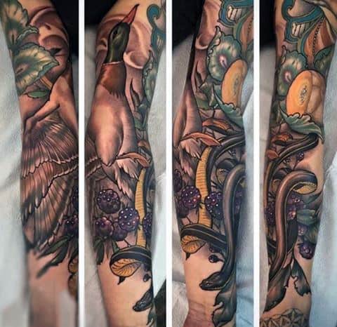 Detailed Realistic Duck Full Sleeve Tattoo On Guy