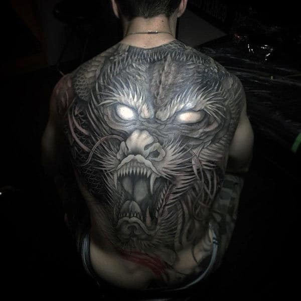 Detailed Realistic Glowing White Eyes Mens Dragon Back Tattoos