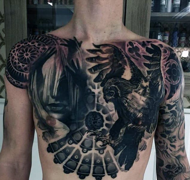 Detailed Shaded Black Ink Owl Full Chest Mens Tattoos
