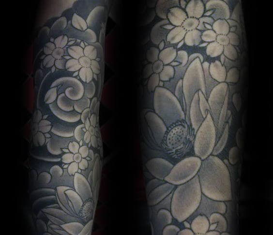 Detailed Shaded Cherry Blossom Male Japanese Sleeve Tattoo Ideas