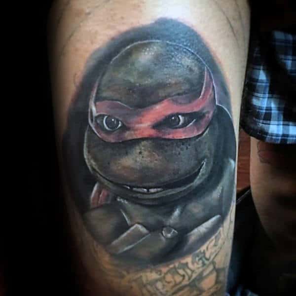 Detailed Teenage Mutant Ninja Turtle Guys Thigh Tattoo Inspiration