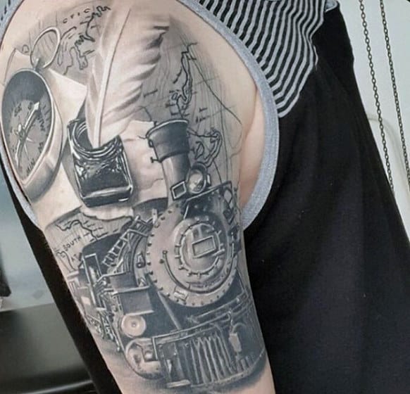 Detailed Train Travel Tattoo For Guys Half Sleeve