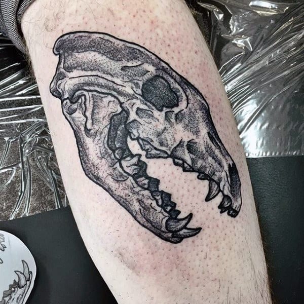 Detailed Wolf Skull Mens Leg Tattoo