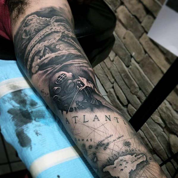 Diers Helmet With Map Atlantis Nautical Guys Sleeve Tattoo
