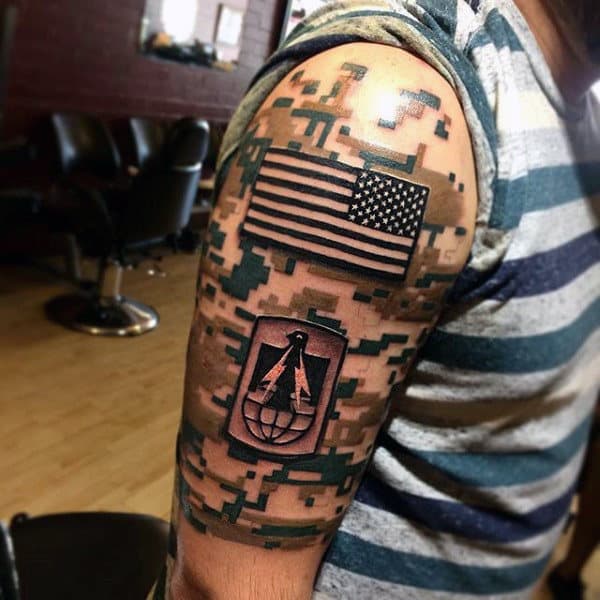 Digital Camo Mens Us Flag Army Half Sleeve Tattoo