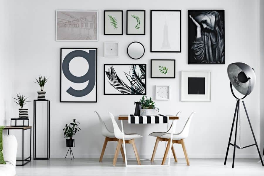 small modern dining room with wall art