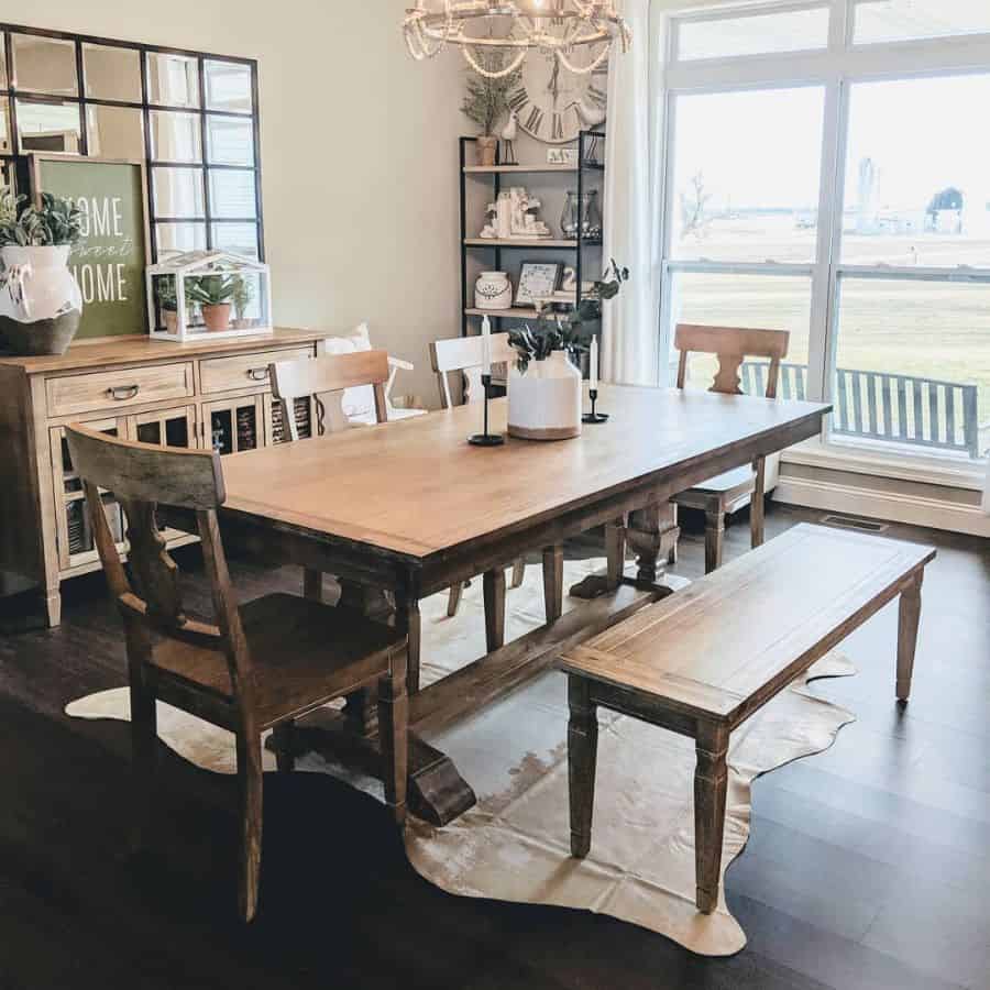rustic wood table in farmhouse dining room 
