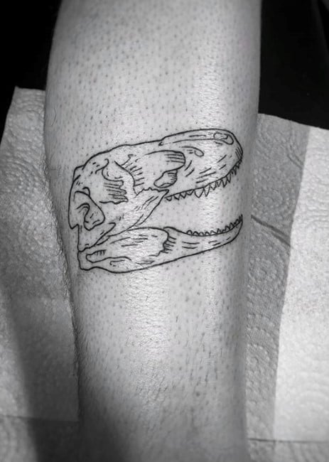 Dinosaur Skull Guys Black Ink Outline Leg Tattoo