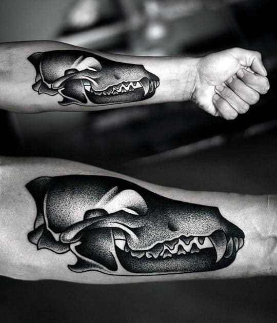 Dinosaur Skull Pointillism Inner Forearm Tattoos For Guys