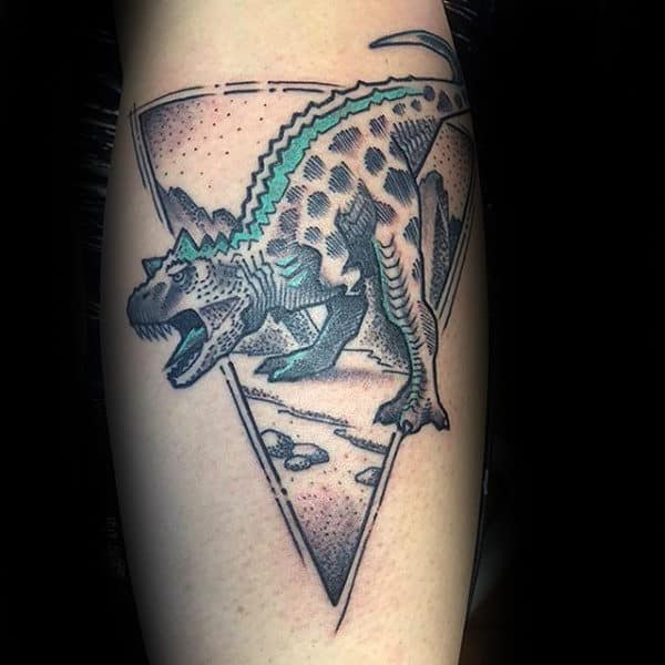 Dinosaur With Green Spine Tattoo Male Forearms