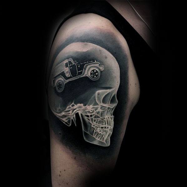 Distinctive Jeep Skull X Ray Style Arm Tattoos For Men