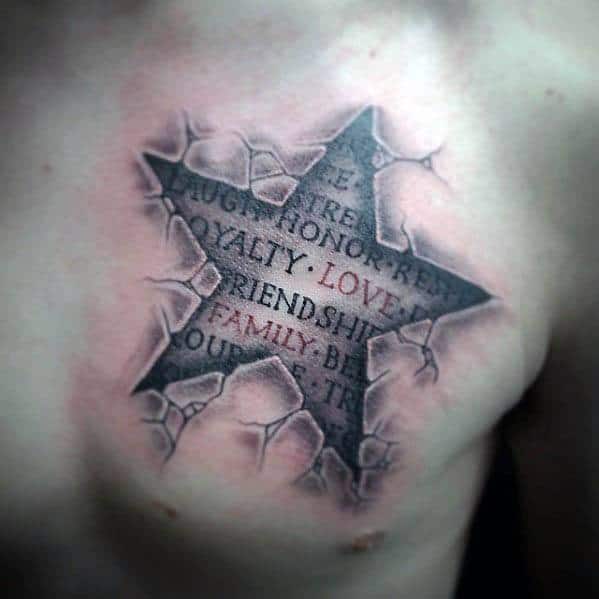 Distinctive Male 3d Star Tattoo Designs On Chest