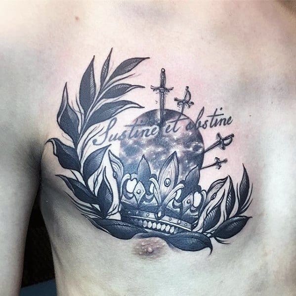 Distinctive Male Chest King Crown Laurel Wreath Tattoo Designs
