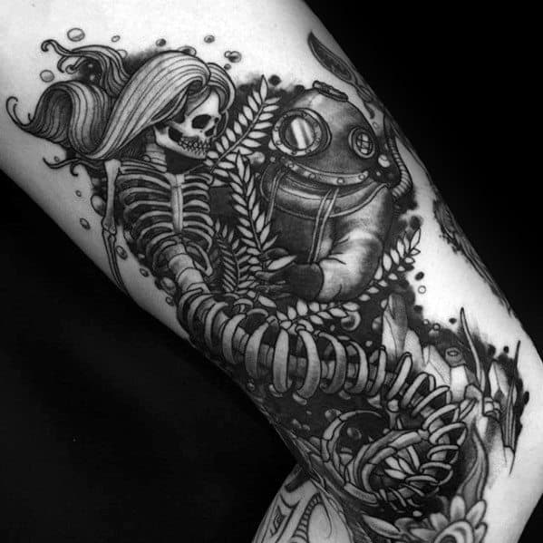 Distinctive Male Diver With Skeleton Of Mermaid Arm Tattoo Designs