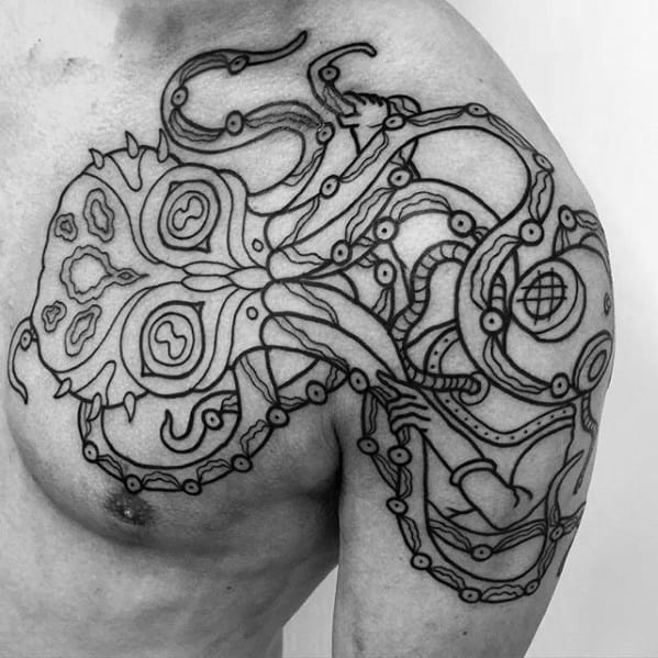 Distinctive Male Diving Helmet Octopus Black Ink Shoulder And Chest Tattoo Designs