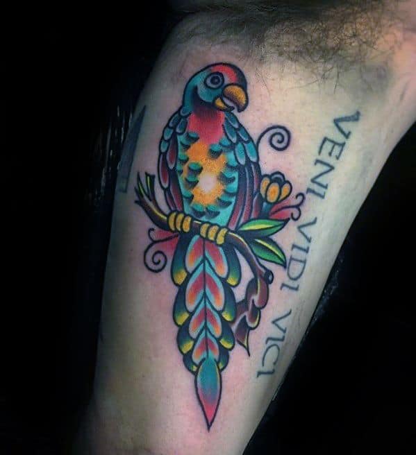 Distinctive Male Exotic Bird Parrot Tattoo Designs Inner Arm Bicep
