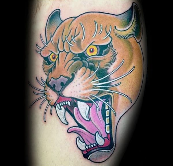 Distinctive Male Roaring Mountain Lion Leg Tattoo Designs