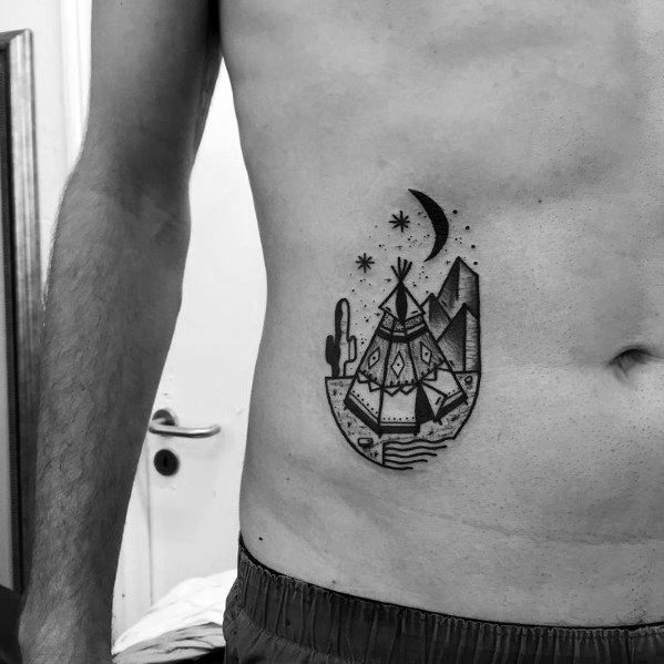Distinctive Male Teepee Tattoo Designs On Rib Cage Side Of Body