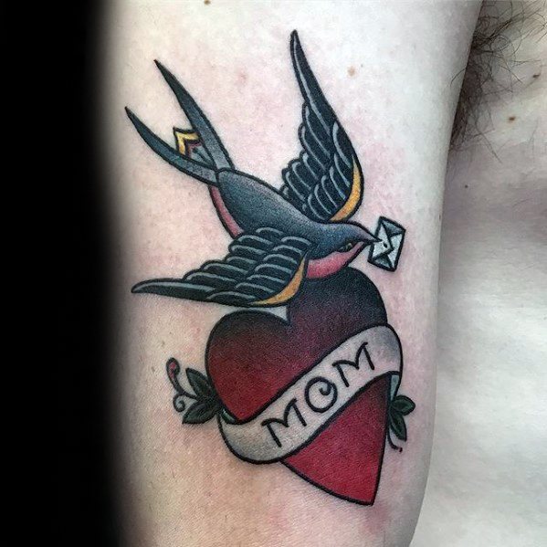 Distinctive Male Traditional Mom Heart With Sparrow Arm Tattoo Designs