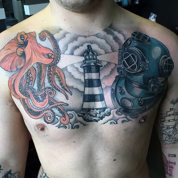 Diver Mask Octopus And Lighthouse Mens Nautical Upper Chest Tattoo