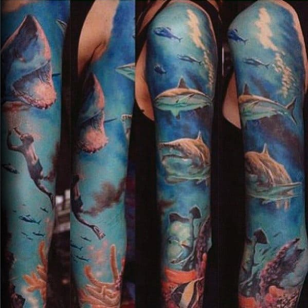 Diver Underwater With Sharks Mens Sleeve Tattoo