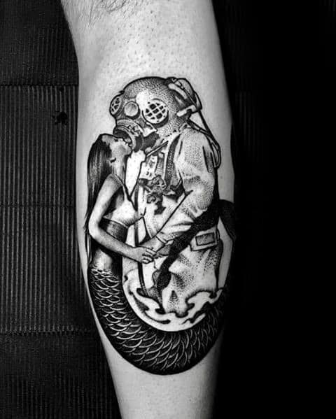 Diver With Mermaid Leg Calf Mens Tattoo Ideas