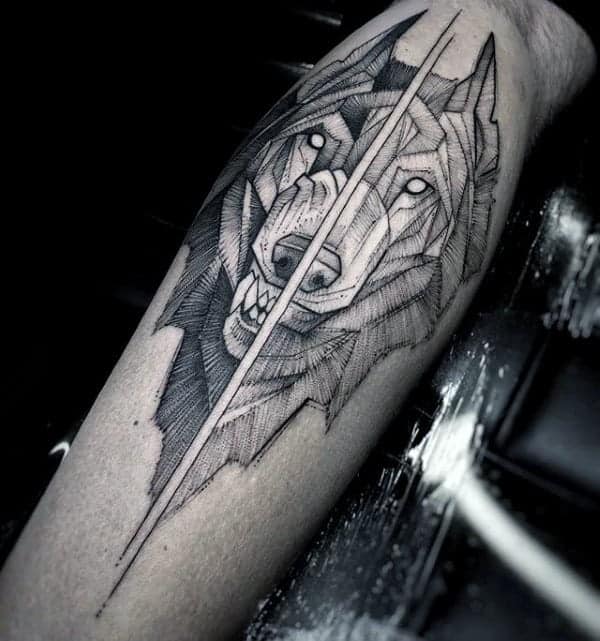divided-geometric-wolf-mens-leg-tattoos