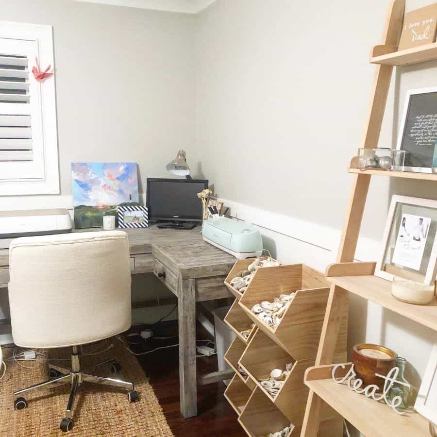 wood corner desk home office vertical shelf storage white office chair 