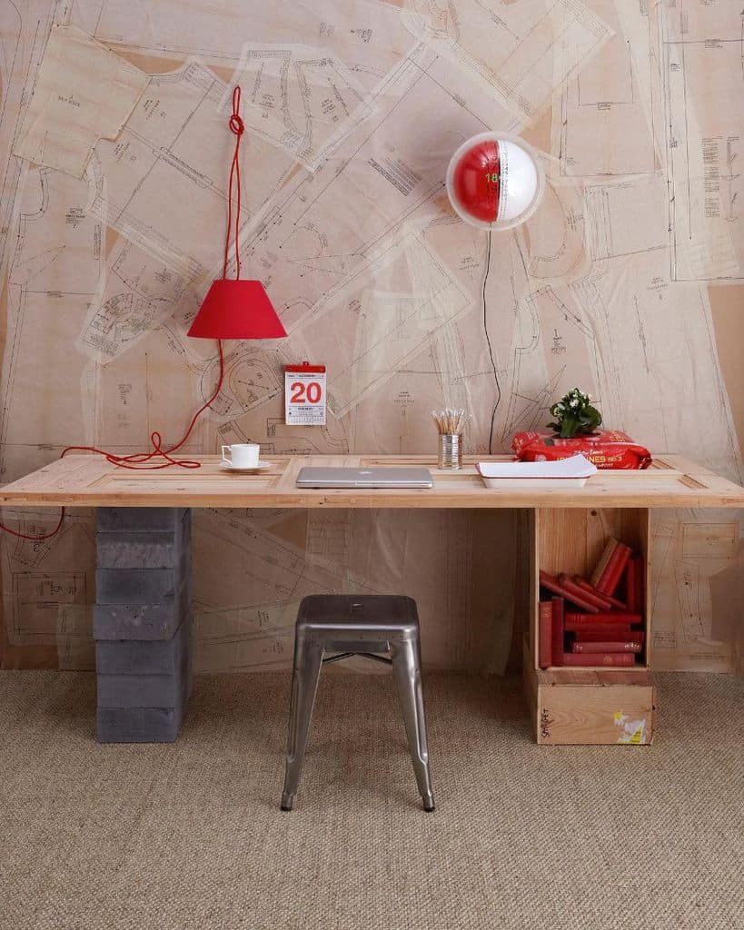 wood desk made from door and stone pavers pendant red lamp architect plans wallpaper steel stool