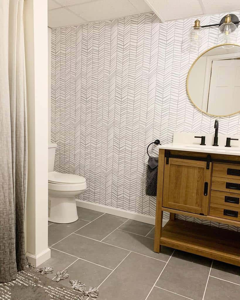 pattern wallpaper small basement bathroom 
