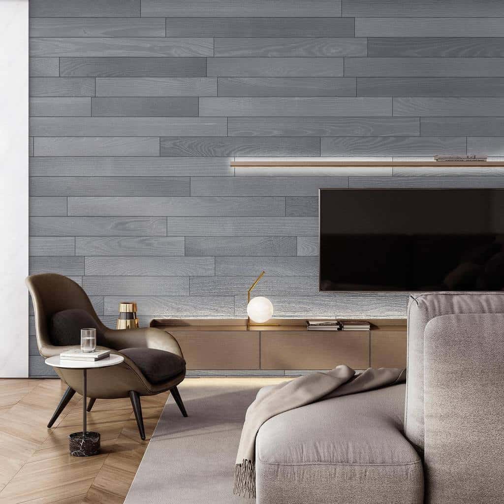 gray wood wall paneling modern living room 
