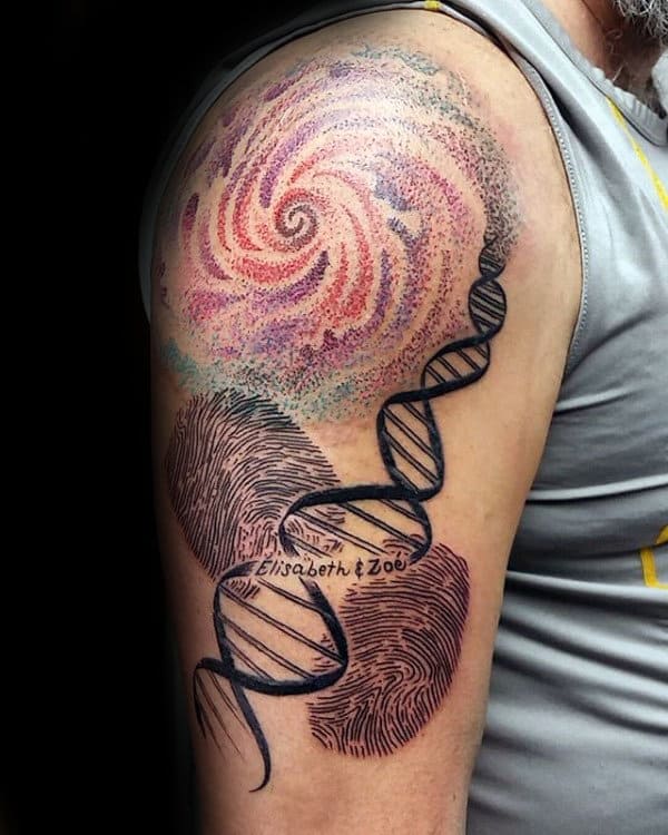 Dna Helix Strand Guys Outer Space Fingerprint Upper Arm Tattoos