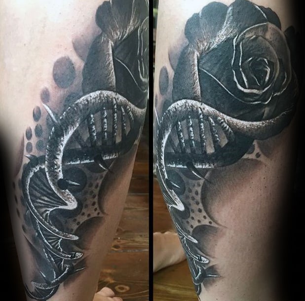 Dna Strand 3d Realistic Black Rose Male Tattoos On Leg