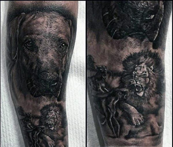 Dog And Lion Mens Sleeve Tattoos