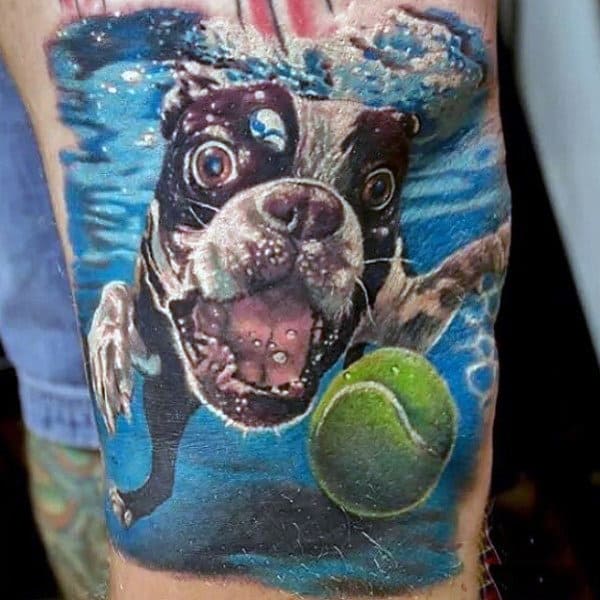 Dog Swimming After Tennis Ball Mens Tattoo Water On Bicep