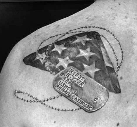 Dog Tag With Folded American Flag Guys Fallen Soldier Tribute Shoulder Tattoo