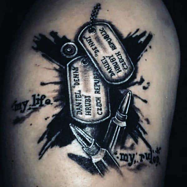 Dog Tags With Bullets Mens Black Ink Upper Arm Tattoos
