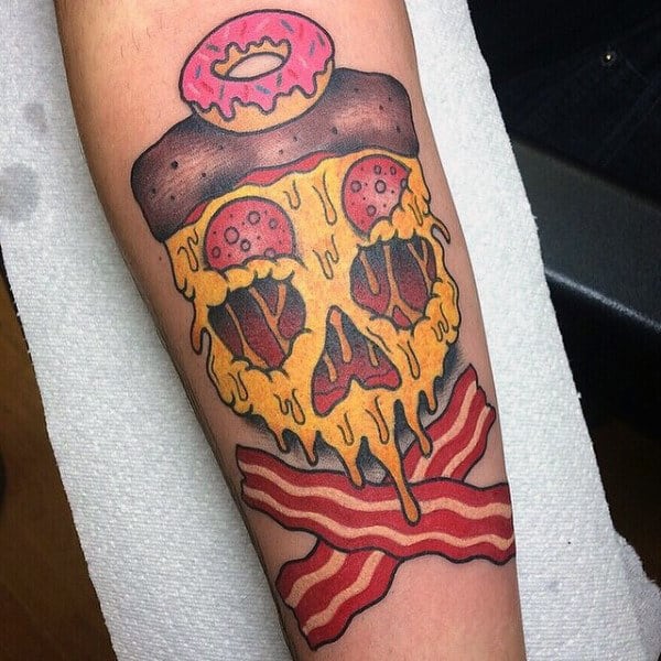 Donut Cheesy Pizza Skull And Crossed Bacon Tattoo Male Forearm