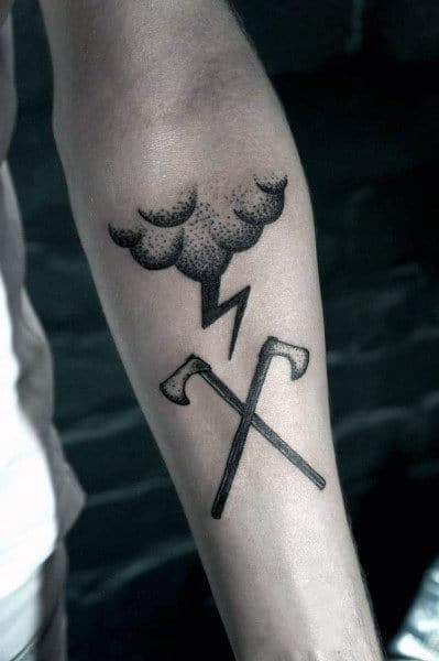 Dot Work Forearm Man With Storm Cloud Tattoo