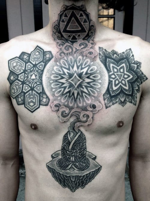 Dot Work Sacred Geometry Male Tattoo Designs On Chest And Neck