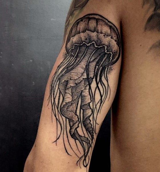 Dotted Black Grey Jellyfish Tattoo Male Upper Arms