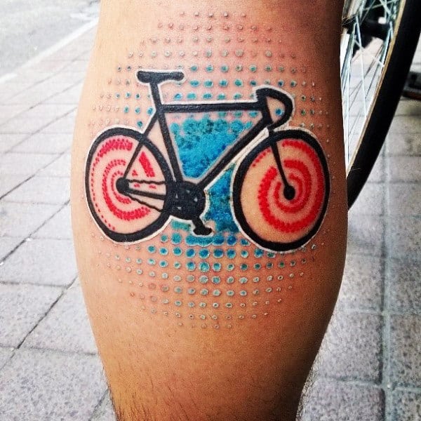 Dotted Colored Bicycle Tattoo On Calves For Guys