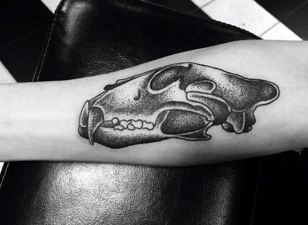 Dotwork Black Ink Wolf Skull Guys Inner Forearm Tattoo