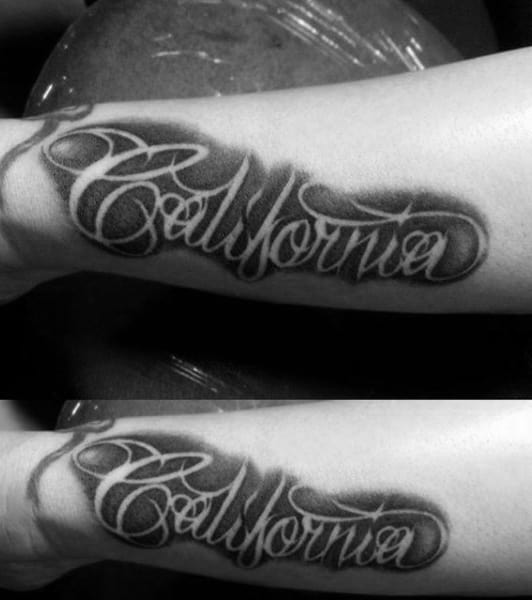 Dotwork California Negative Space Lettering Tattoo On Man