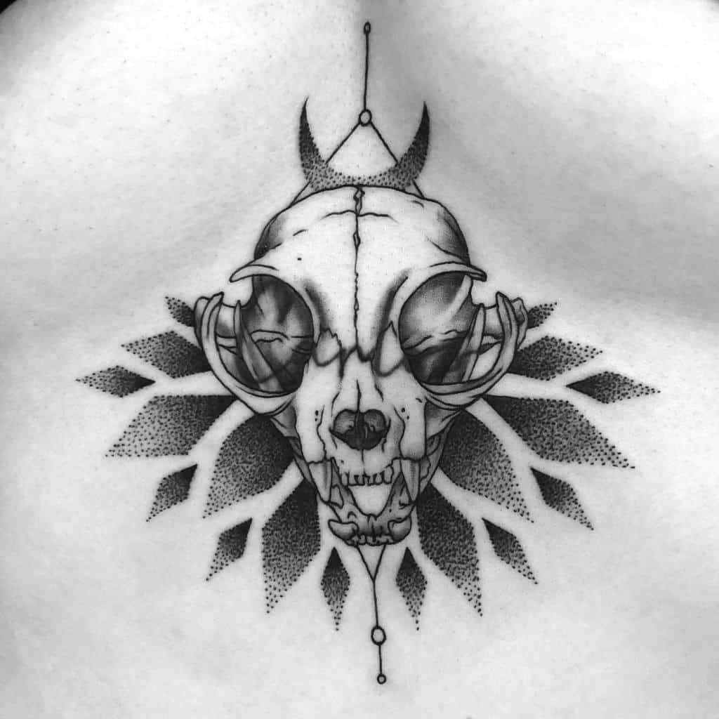 dotwork cat skull tattoo witchpuke
