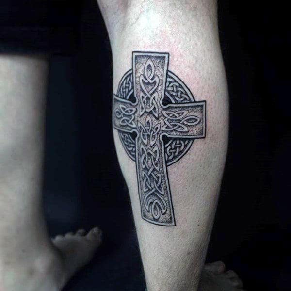 Dotwork Celtic Knot Mens Cross Tattoo On Back Of Leg Calf