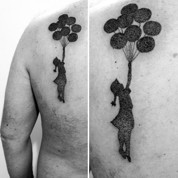 Dotwork Child With Ballons Mens Back Banksy Tattoo