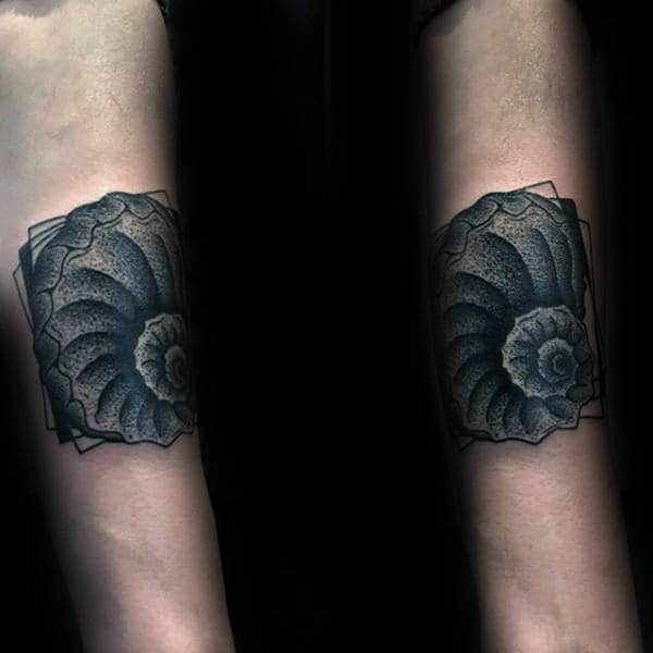 Dotwork Conch Seashell Tattoos On Forearm For Men