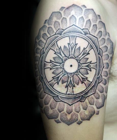 Dotwork Dharma Wheel Tattoos For Gentlemen On Upper Arm