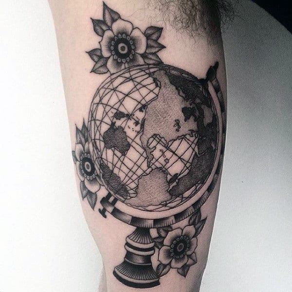 Dotwork Flower Male Globe Bicep Tattoos